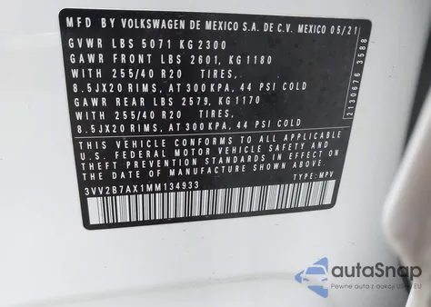 2021 Volkswagen Tiguan 2.0T Se/2.0T Se R-Line Black/2.0T Sel from USA, damaged, VIN 3VV2B7AX1MM134933